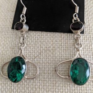 Earrings, Green and Silver and Purple, 2 inches
